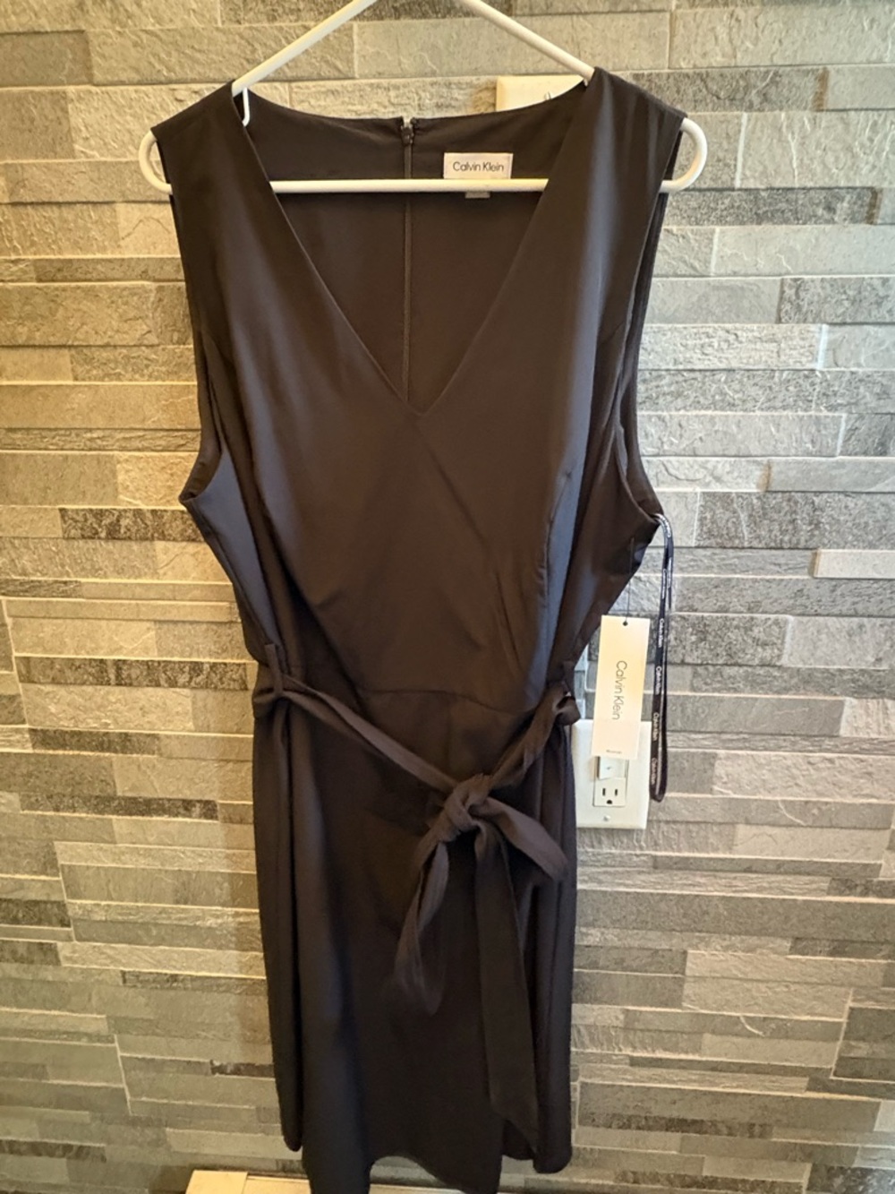 Calvin Klein Dark Brown Sleeveless V-Neck Tie-Waist Midi Dress